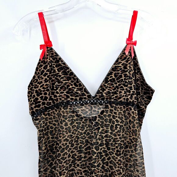 Collection Lingerie XL Leopard Mesh Babydoll Chemise Red Ribbon Bows - Picture 2 of 8